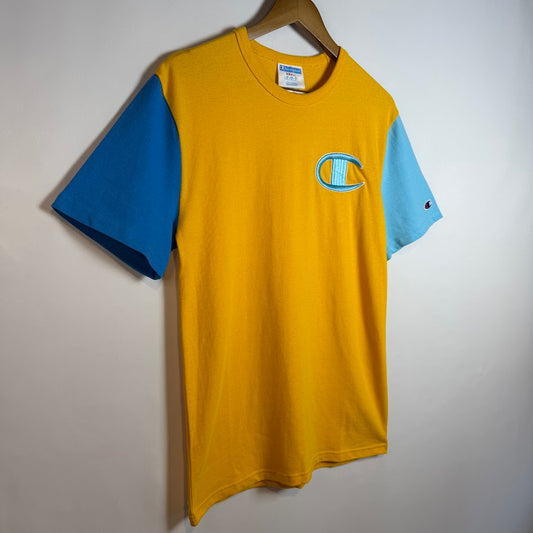 Champion ビッグCロゴ 配色Tシャツ イエロー×ブルー 胸刺繍ロゴ コットン100%