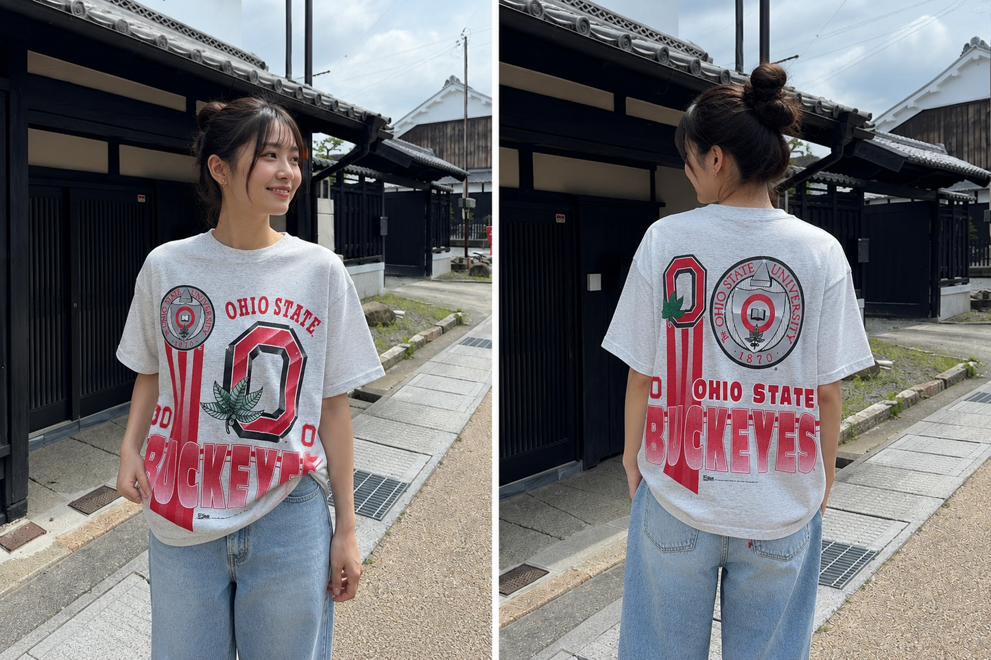 90s USA製 Salem Sportswear Ohio State Buckeyes 両面プリント カレッジTシャツ グレー ヴィンテージ