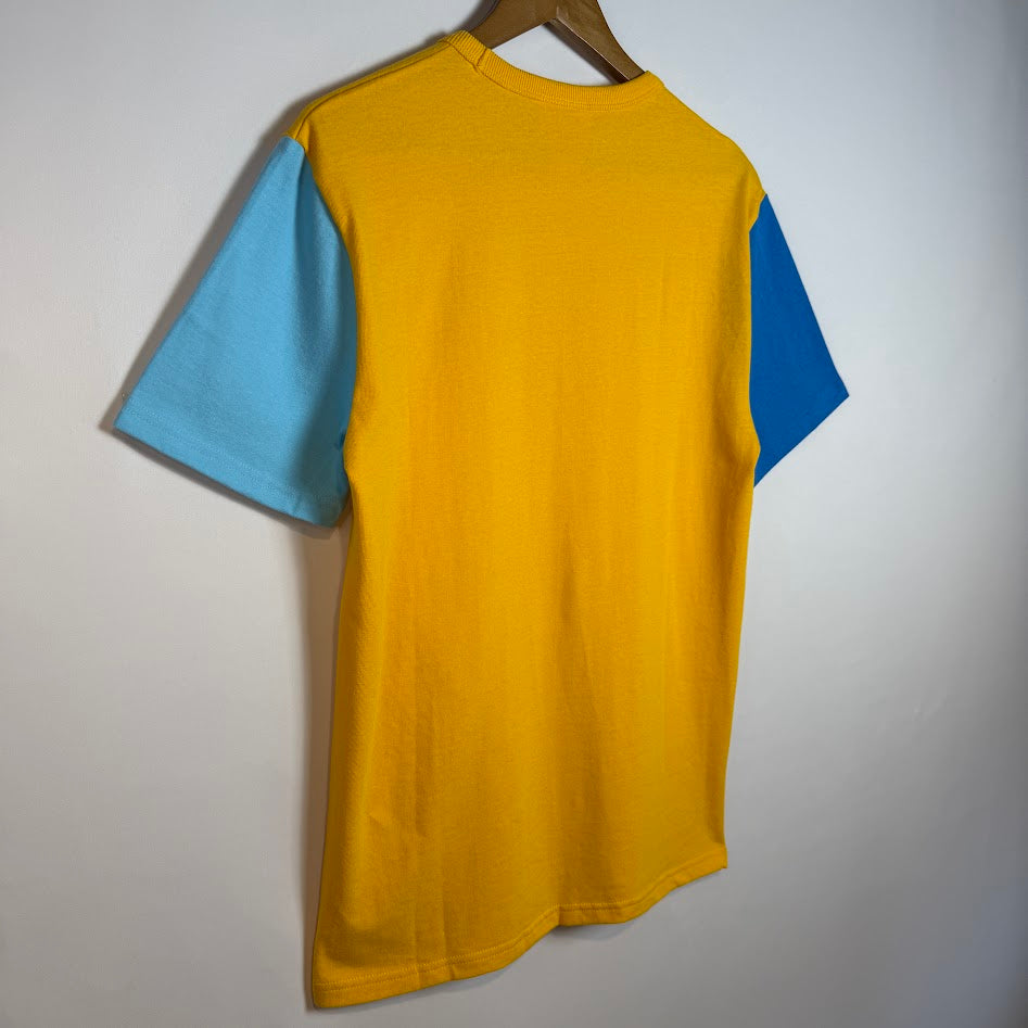 Champion ビッグCロゴ 配色Tシャツ イエロー×ブルー 胸刺繍ロゴ コットン100%