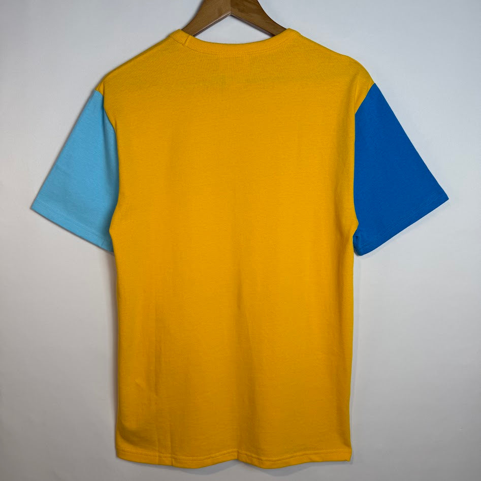 Champion ビッグCロゴ 配色Tシャツ イエロー×ブルー 胸刺繍ロゴ コットン100%