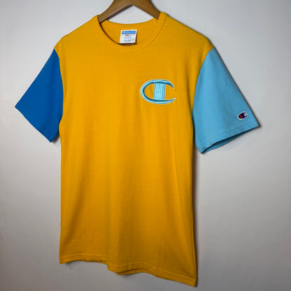 Champion ビッグCロゴ 配色Tシャツ イエロー×ブルー 胸刺繍ロゴ コットン100%