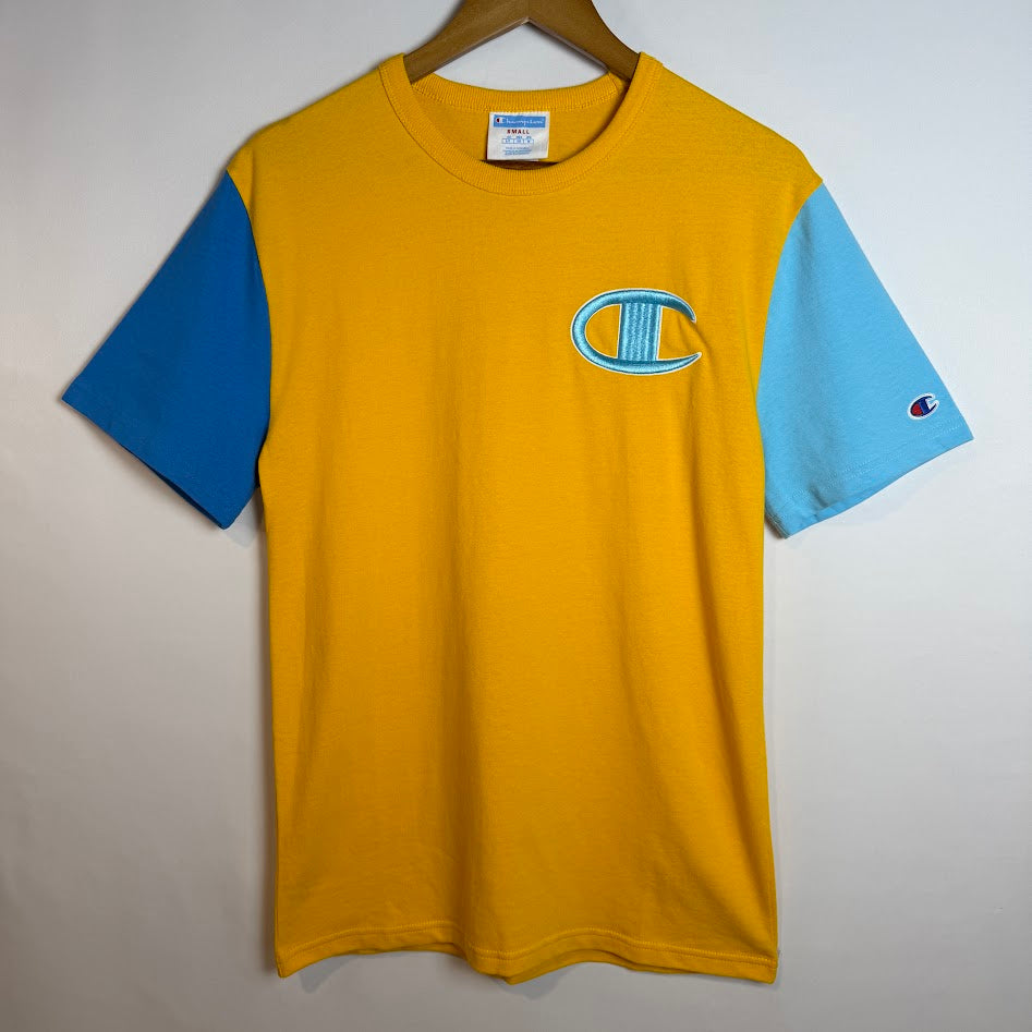 Champion ビッグCロゴ 配色Tシャツ イエロー×ブルー 胸刺繍ロゴ コットン100%