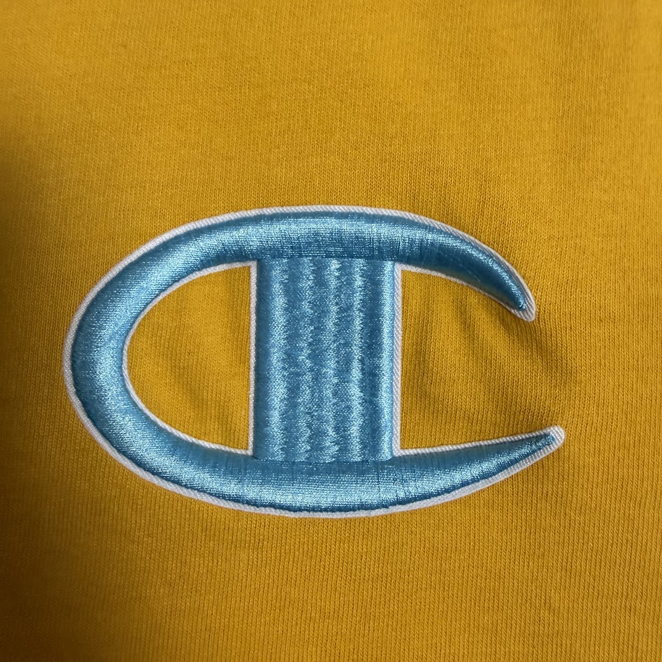 Champion ビッグCロゴ 配色Tシャツ イエロー×ブルー 胸刺繍ロゴ コットン100%