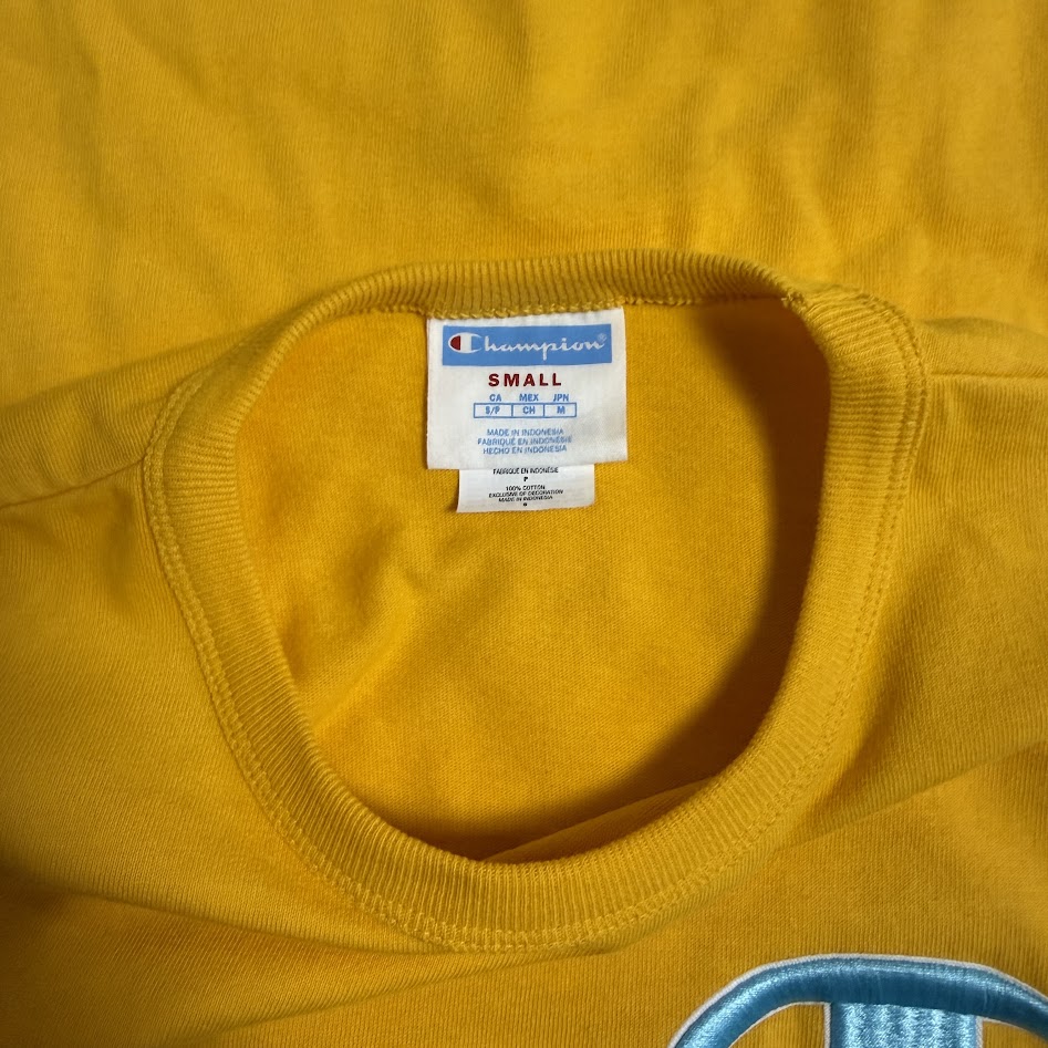 Champion ビッグCロゴ 配色Tシャツ イエロー×ブルー 胸刺繍ロゴ コットン100%