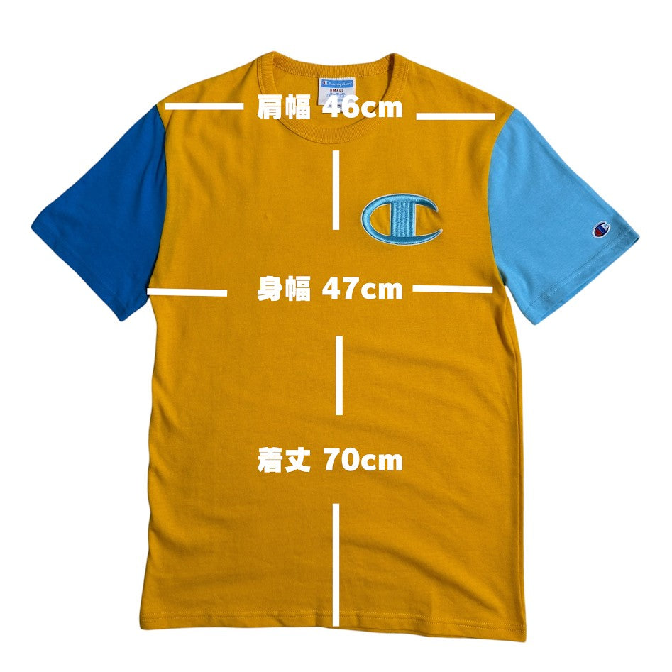 Champion ビッグCロゴ 配色Tシャツ イエロー×ブルー 胸刺繍ロゴ コットン100%
