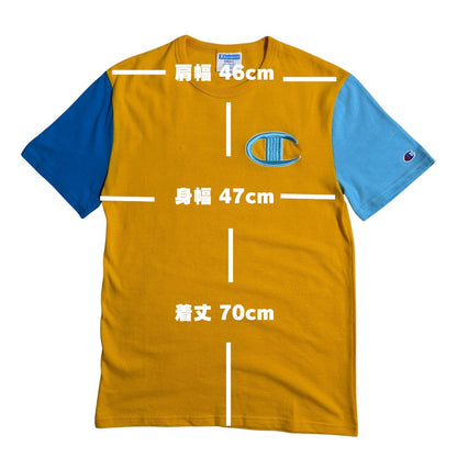 Champion ビッグCロゴ 配色Tシャツ イエロー×ブルー 胸刺繍ロゴ コットン100%