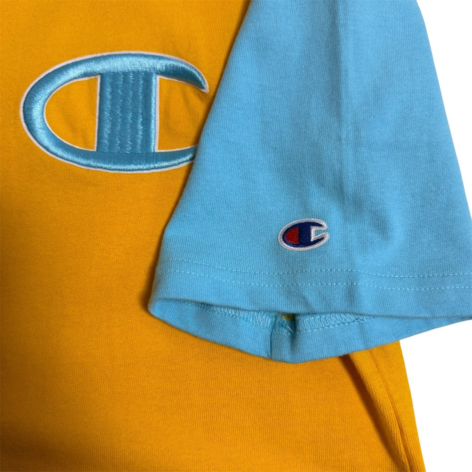 Champion ビッグCロゴ 配色Tシャツ イエロー×ブルー 胸刺繍ロゴ コットン100%
