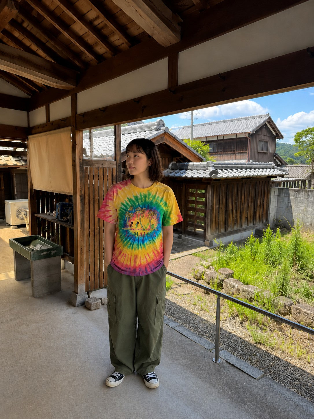 90s ONEITA JAMAICA タイダイ刺繍Tシャツ｜ラスタカラー コットン100% L