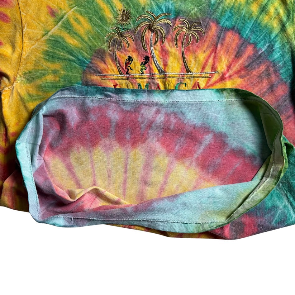 90s ONEITA JAMAICA タイダイ刺繍Tシャツ｜ラスタカラー コットン100% L