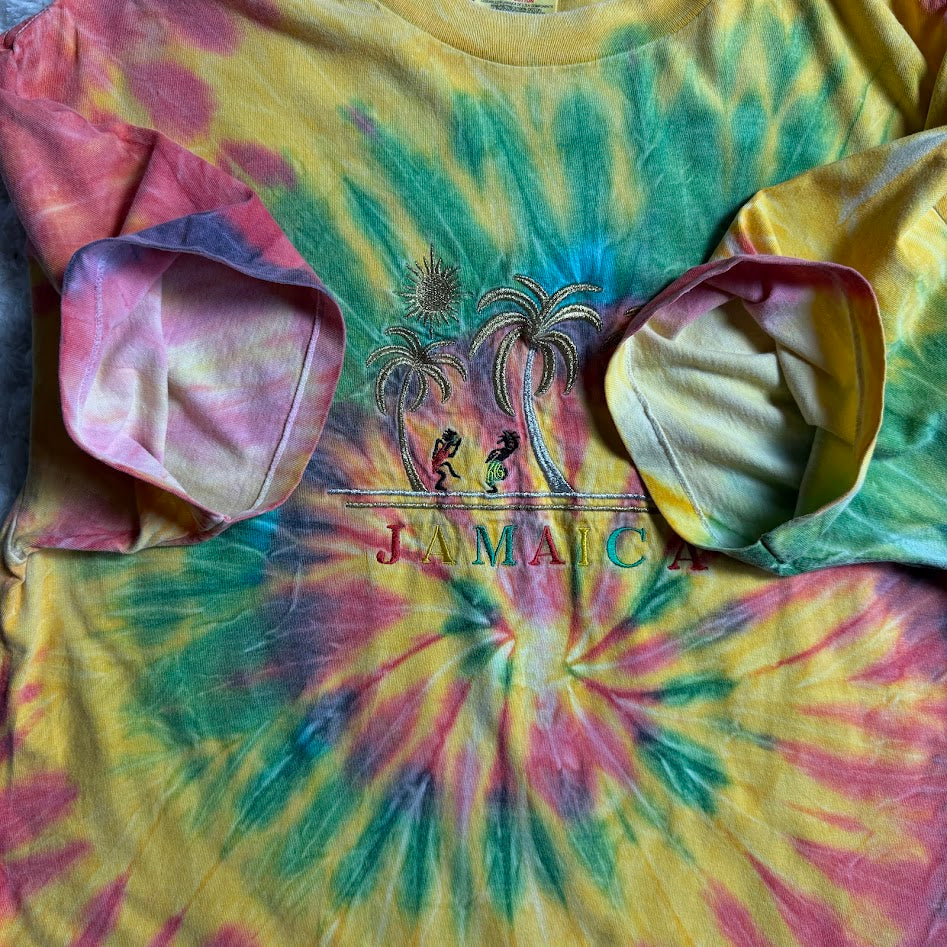 90s ONEITA JAMAICA タイダイ刺繍Tシャツ｜ラスタカラー コットン100% L