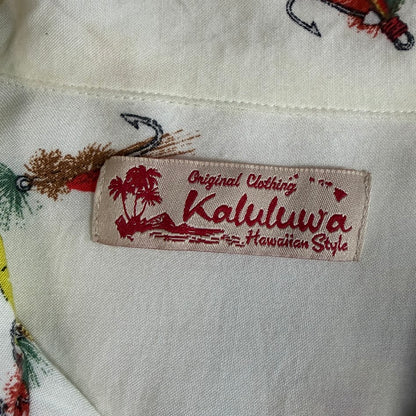 Kaluluwa Hawaiian Style ルアー総柄 レーヨン オープンカラーシャツ XL ホワイト 古着