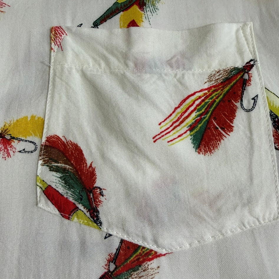 Kaluluwa Hawaiian Style ルアー総柄 レーヨン オープンカラーシャツ XL ホワイト 古着