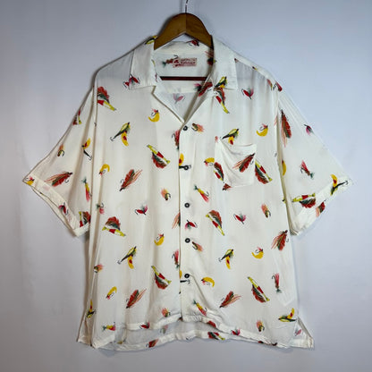 Kaluluwa Hawaiian Style ルアー総柄 レーヨン オープンカラーシャツ XL ホワイト 古着