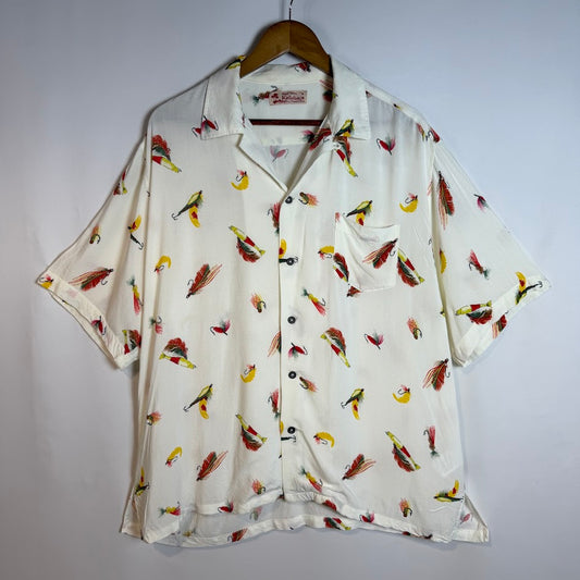 Kaluluwa Hawaiian Style ルアー総柄 レーヨン オープンカラーシャツ XL ホワイト 古着