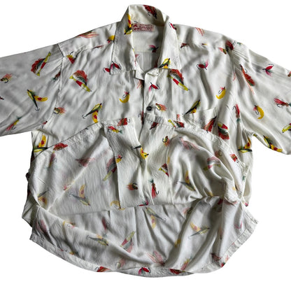 Kaluluwa Hawaiian Style ルアー総柄 レーヨン オープンカラーシャツ XL ホワイト 古着