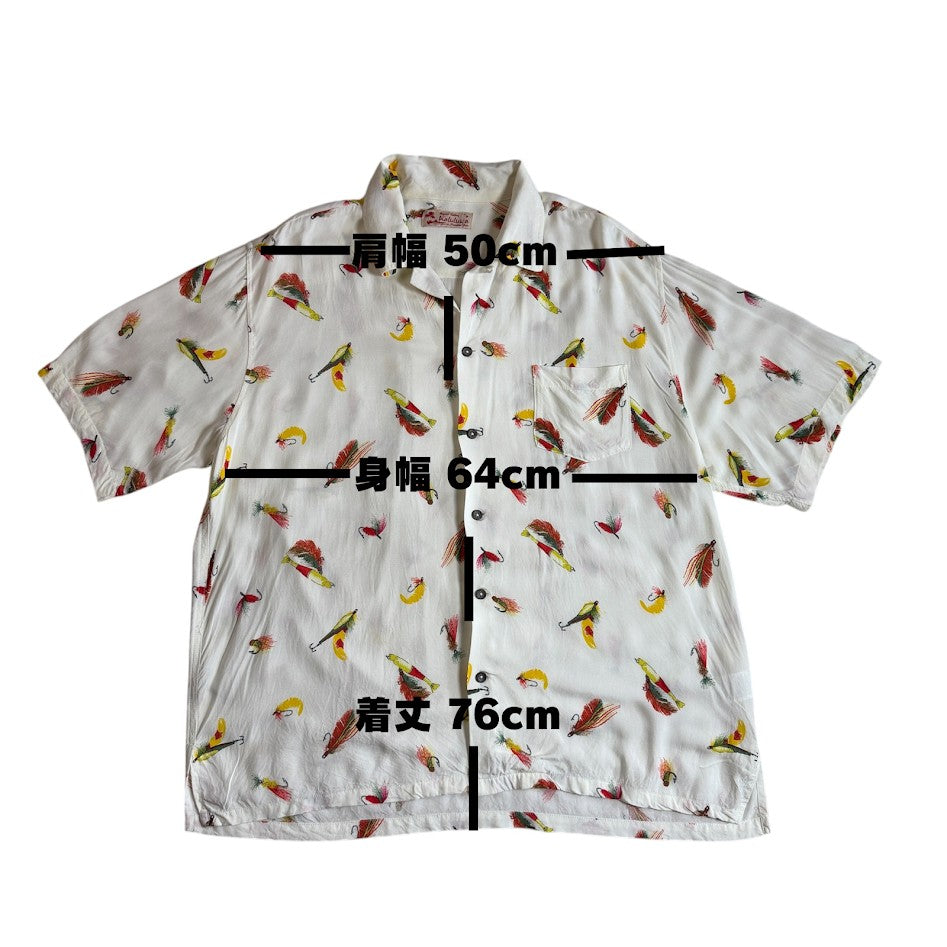 Kaluluwa Hawaiian Style ルアー総柄 レーヨン オープンカラーシャツ XL ホワイト 古着