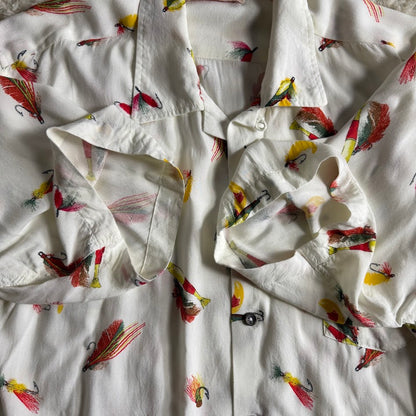 Kaluluwa Hawaiian Style ルアー総柄 レーヨン オープンカラーシャツ XL ホワイト 古着