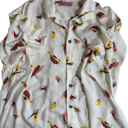 Kaluluwa Hawaiian Style ルアー総柄 レーヨン オープンカラーシャツ XL ホワイト 古着